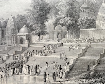 1844 A Suttee, preparing for the Immolation of a Hindoo Widow Original Antique Print - India -  Mounted and Matted - Available Framed