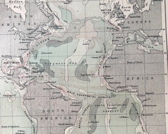 1904 Atlantic Ocean Original Antique Map - Oceanography - Victorian Wall Decor - Available Framed