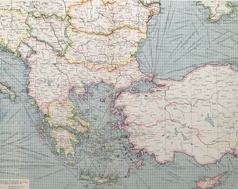 1903 Balkan States & Asia Minor: Industries and Communications Large Original Antique Map showing Railways, Canals, Steamship Routes, Consul