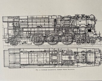 1937 Locomotive Diagram - Loffler Locomotive, German State Railways Original Antique Print - Mounted and Matted - Available Framed