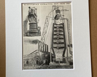1940s Blast Furnace extracting Iron from Ore Original Vintage Print - Machinery Diagram - Mounted and Matted - Available Framed