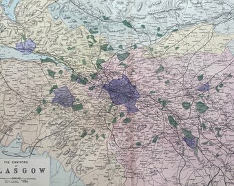 1902 Glasgow (Environs) Original Antique Map - Large Wall Map - City Plan - Scotland