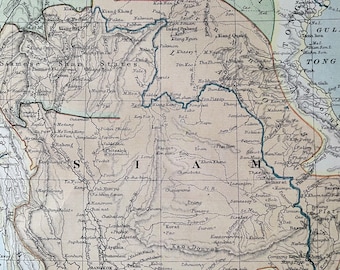 1875 Siam and Independent Shan States Original Antique Map - Thailand - Thai History
