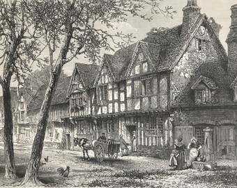 1876 Houses under the Castle, Warwick Original Antique Wood Engraving - Mounted and Matted - Architecture - Warwickshire - Available Framed
