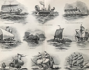 1897 Ships of different historical periods Original Antique Print - Available Framed - Sailing - Vintage Wall Decor
