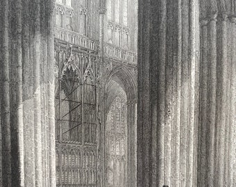 1836 Winchester Cathedral - Font & Wykehams Monument Original Antique Engraving - Architecture - Mounted and Matted - Available Framed
