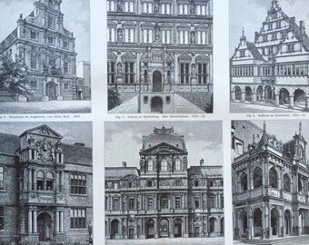 1897 German, English & French Renaissance Architecture Original Antique Print - Available Framed Gift for Architect