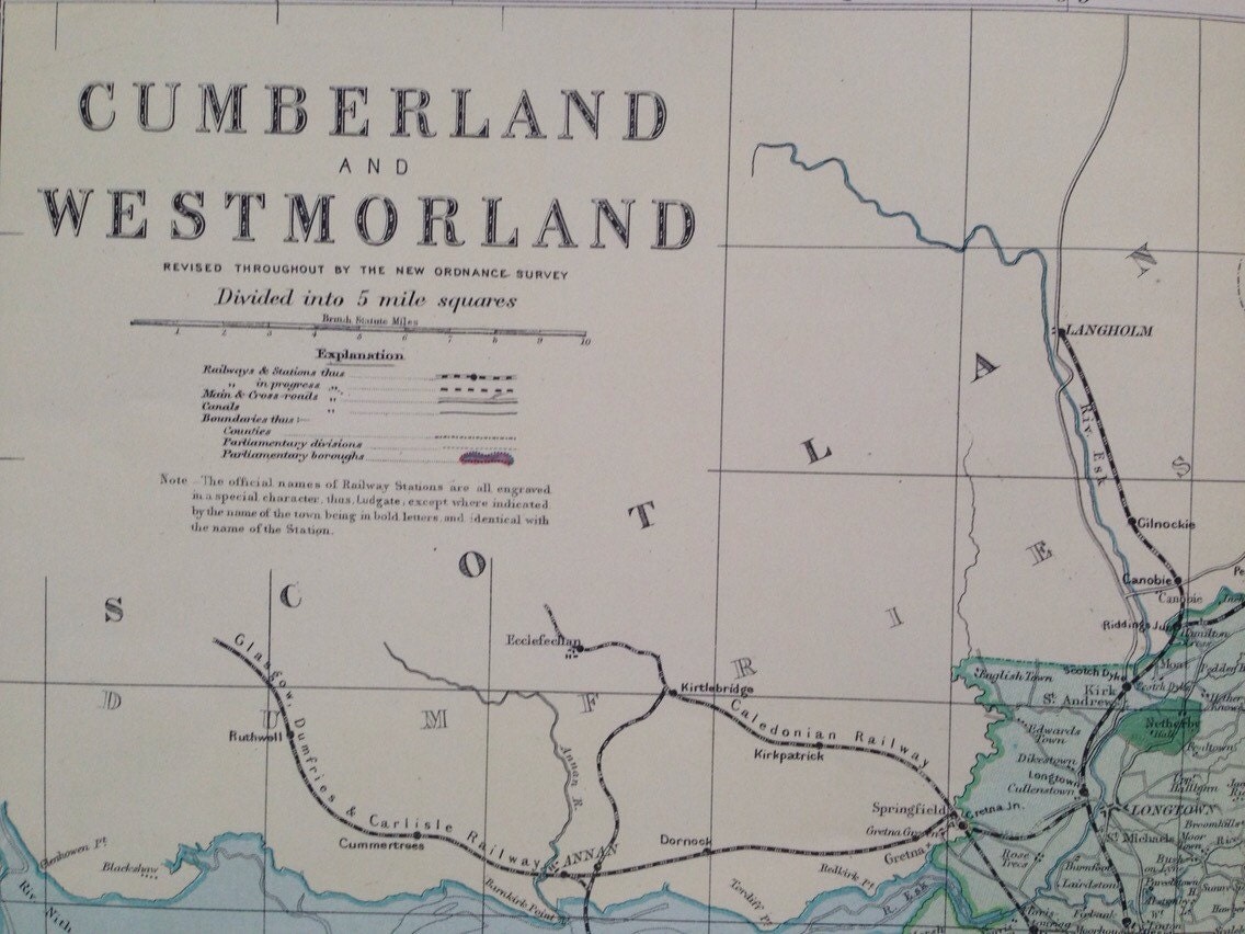 1896 CUMBERLAND And WESTMORELAND Large Original Antique Map Historical 
