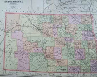 1901 NORTH DAKOTA Large Original Antique Map, 22.5 x 14.5 inches, Home Decor, Cartography, Geography, Vintage Decor, US State Map