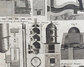 1806 Furnace - Mr Watt's Steam Engine Furnace Original Antique Engraving - Encyclopaedia - Mounted and Matted - Available Framed
