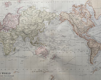 1882 The World on Mercator's Projection showing Ocean Currents and Navigation Tracks Large Original Antique Map - Pastel Colour Map