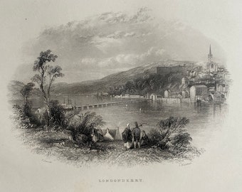 1840 Londonderry Original Antique Engraving - Ireland - Landscape Scenery - Mounted and Matted - Available Framed