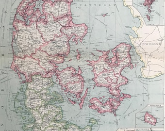 1903 Denmark with Schleswig Holstein Original Antique Map with insets of Iceland, Dutch West Indies, Faroe Islands, Bornholm & Copenhagen