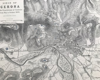 1875 Siege of Gerona, 1809 Original Antique Map - Napoleonic Wars - Spain - Battle Map - Military History - Available Framed