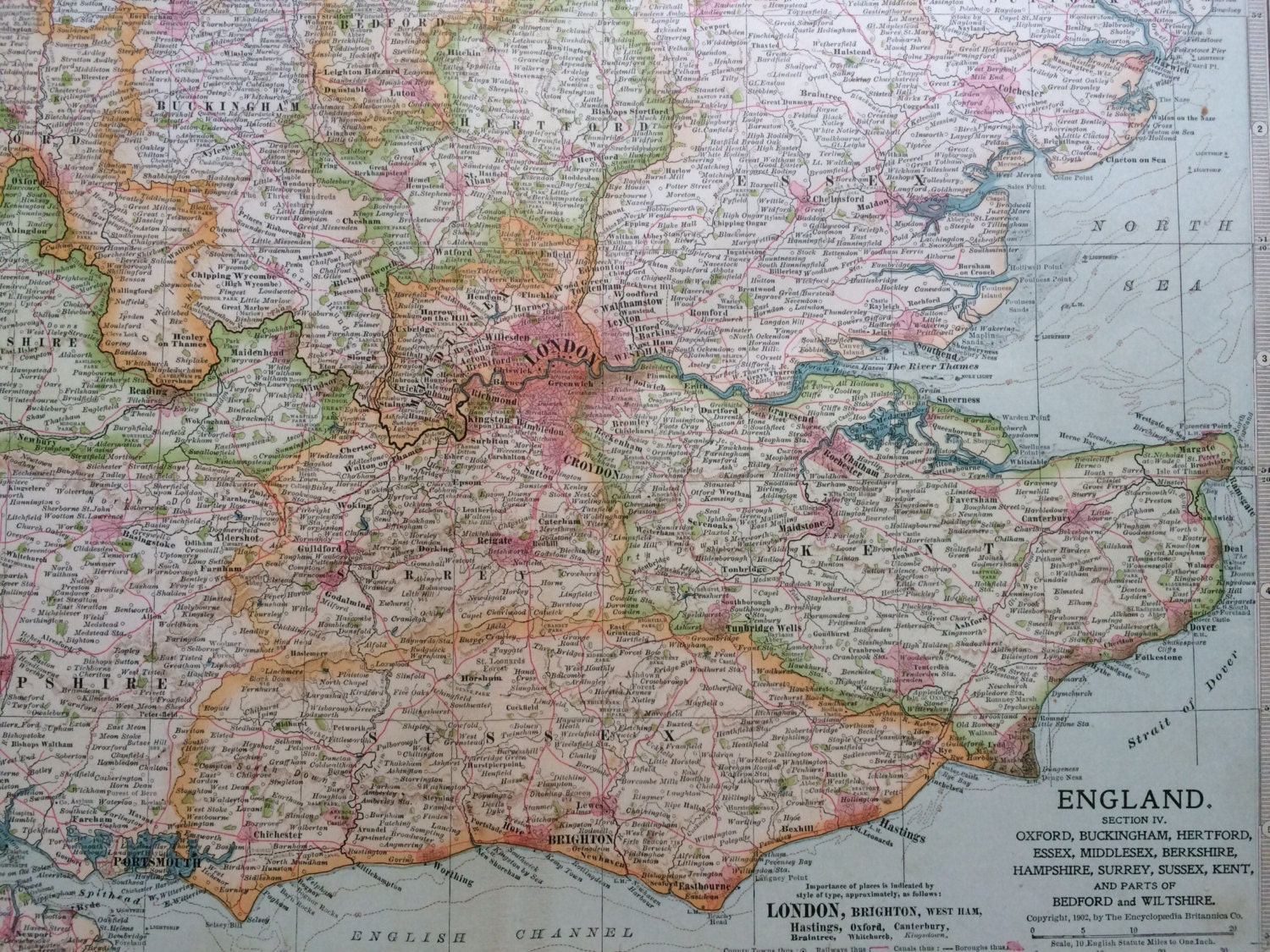 1903 ENGLAND (South-East) Original Large Antique Map - Wall Map - Home