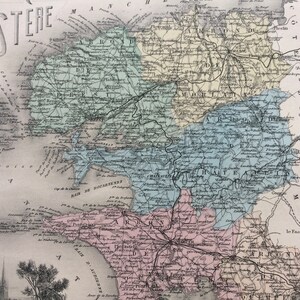 Carte ancienne originale du Finistère de 1890 - département de France - gravure incrustée sur acier - objets d'art décoratifs - disponible encadrée - décoration murale