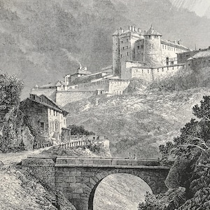 1876 Chateau Queyras Original Antique Wood Engraving - Mounted and Matted - Château-Ville-Vieille - France - Landscape - Available Framed