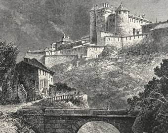 1876 Chateau Queyras Original Antique Wood Engraving - Mounted and Matted - Château-Ville-Vieille - France - Landscape - Available Framed