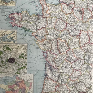 Carte ancienne originale de l'ouest de la France de 1903 avec des plans de Paris, Brest, Cherbourg, Le Havre, Calais - Chemins de fer, canaux, bateaux à vapeur