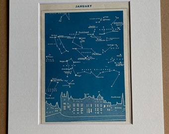 1940s January Star Map seen over Oxford Original Vintage Print - Mounted and Matted - Astronomy - Celestial Art - Available Framed