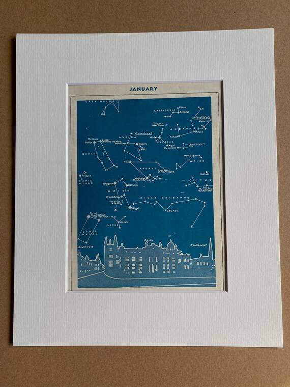 1940s January Star Map seen over Oxford Original Vintage Print - Mounted and Matted - Astronomy - Celestial Art - Available Framed