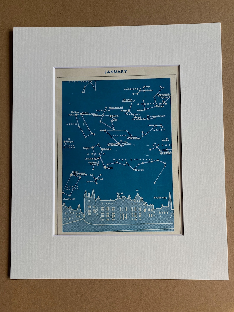 May include: A framed print showing a vintage January celestial map. The map is a deep blue with white constellations and text. The print includes a detailed illustration of a building at the bottom. The print is matted in white.