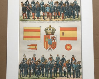 1897 Spain - Army and Flags Original Antique Print - Military Decor - Spanish History - Mounted and Matted - Available Framed