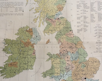 1868 Map showing the distribution of populations in the British Islands Original Antique Map - Statistics Map - Unusual Map