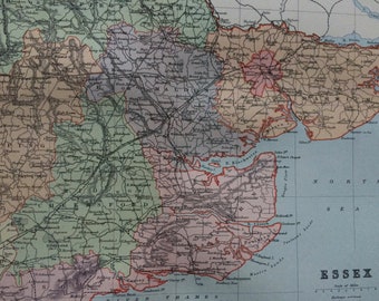 1895 Essex original antique map, english county, cartography, gift idea