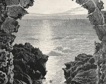 1880 View of the Great Sea from Athlit Original Antique Engraving - Mounted and Matted - Available Framed - Landscape - Palestine - Israel