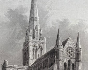 1838 Chichester Cathedral - Southeast View Original Antique Engraving - Architecture - Mounted and Matted - Available Framed