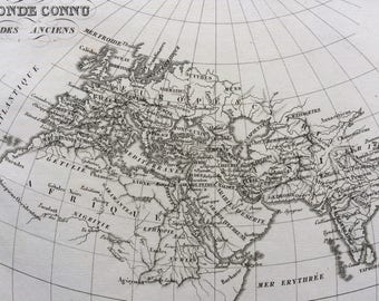 1822 Monde Connu des Anciens Original Antique Engraved Ancient History Map - Fine Detail - World Map - Cartography