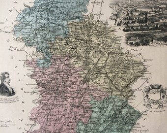 1890 Jura Original Antique Map - Department of France - Inset Steel Engravings of Lons Le Saunier and Local Dignitary Portraits