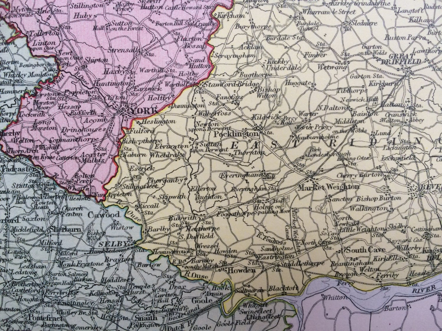 1875 YORKSHIRE large original antique map, cartography, geography, wall