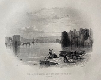 1840 King John's Castle and Old Thomond Bridge, Limerick Original Antique Engraving - Ireland - Mounted and Matted - Available Framed