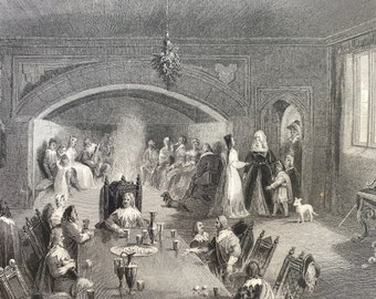 1844 The Baron's Hall at Christmas Original Antique Print - Engraving - Mounted and Matted - Available Framed