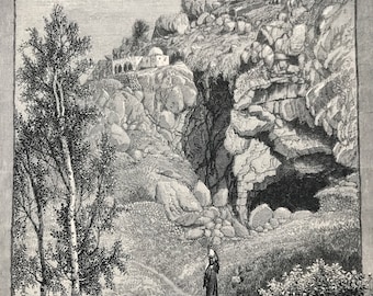 1880 The Most Easterly Source of the Jordan, Banias Original Antique Engraving - Mounted and Matted - Available Framed - Palestine - Israel