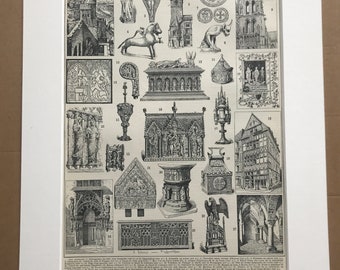 1897 Gothic Art and Architecture Original Antique Print - Mounted and Matted - Available Framed