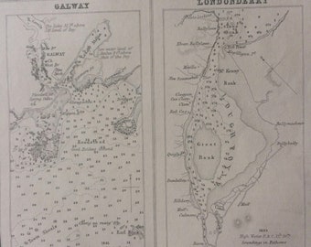 1871 Ports in Ireland North and West Coasts Original Antique Map - Portrush - Mullaghmore - Galway - Londonderry - Sligo - Irish History