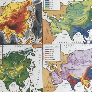 May include: A vintage map of Asia, divided into four sections. The top left shows elevation, the top right precipitation, the bottom left vegetation, and the bottom right population density. The map uses a variety of colors.