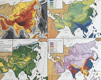 1940s Asia Facts Original Vintage Map showing population, vegetation, heights and depths and rainfall - Available Framed