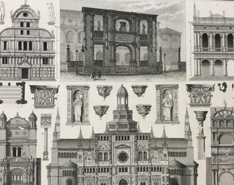 1849 Renaissance, Basilica Architecture Large Original Antique Engraving - Mounted and Matted -  Pillar, Archway, Column - Available Framed