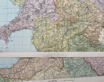 1902 Wales Set of 3 Large Original Antique Maps with inset maps of with glossary of Welsh Place-Names - with Railways, Canals, Steam Routes