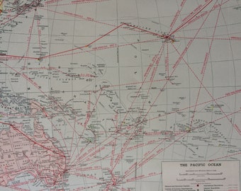 1940s The Pacific Ocean Original Vintage Map showing National & Dominion Cappitals, Steamship routes, Commercial Airways, Colonies