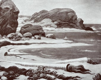 1935 Ordovician Seashore Original Antique Print - Prehistoric Era - Palaentology - Mounted and Matted - Available Framed