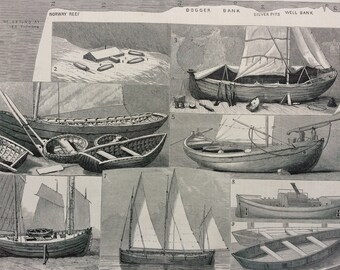 1883 The International Fisheries Exhibition Original Antique Engraving - Victorian Decor - Fishing Boat - Whale Boat - Life Boat