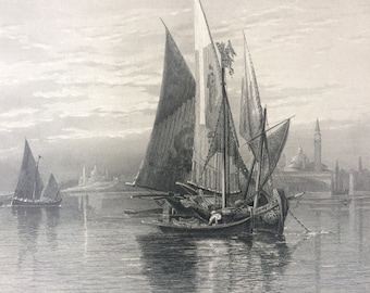 1876 Fishing Boats on the Lagoon, Venice Original Antique Steel Engraving - Mounted and Matted - Italy - Available Framed