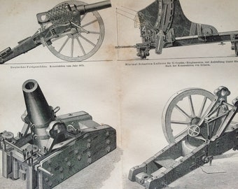 1876 Artillery (Field, Siege and Fortress) Original Antique Print - Available Framed - Military Decor - Victorian Decor