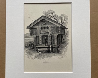 1876 In Telemark, Norway Original Antique Engraving - Mountain Cabin - Mounted and Matted - Available Framed