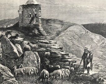 1880 Ruins on the Summit of Mount Gerizim Original Antique Engraving - Mounted and Matted - Available Framed - Palestine - Nablus